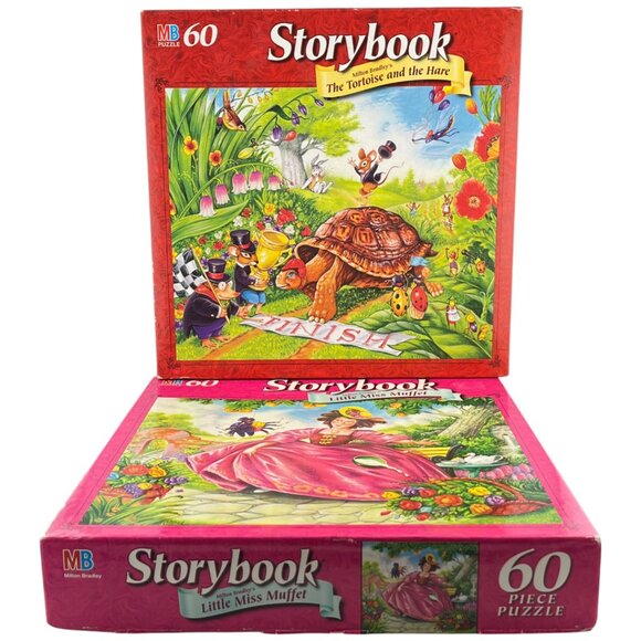 2 Storybook 60 Piece Puzzles - Tortoise &‎ Hare / Little Miss Muffet MB - Picture 1 of 12